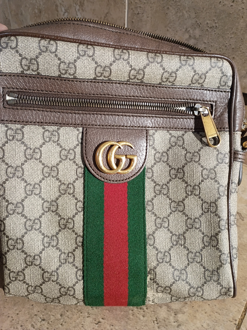 Gucci Beige GG Supreme Canvas Messenger Bag with Brown Trim and Green-Red Web